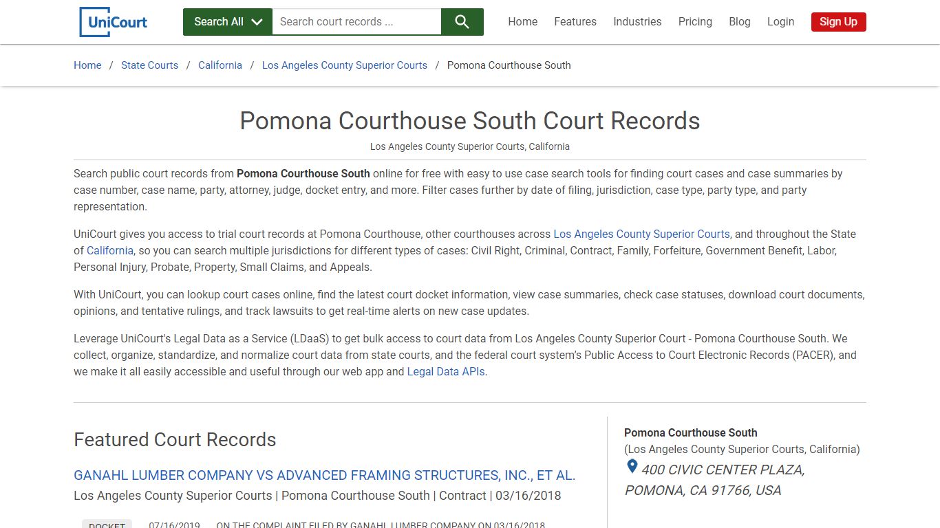 Pomona Courthouse South Court Records | Los Angeles | UniCourt