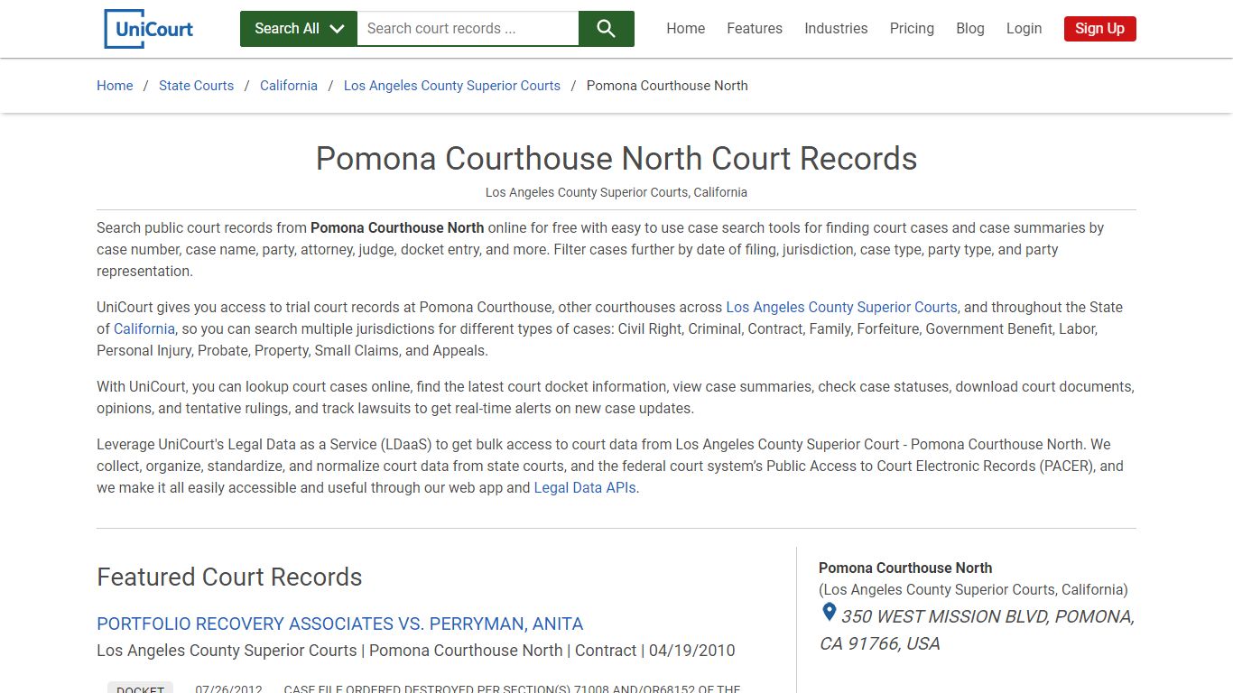 Pomona Courthouse North Court Records | Los Angeles | UniCourt